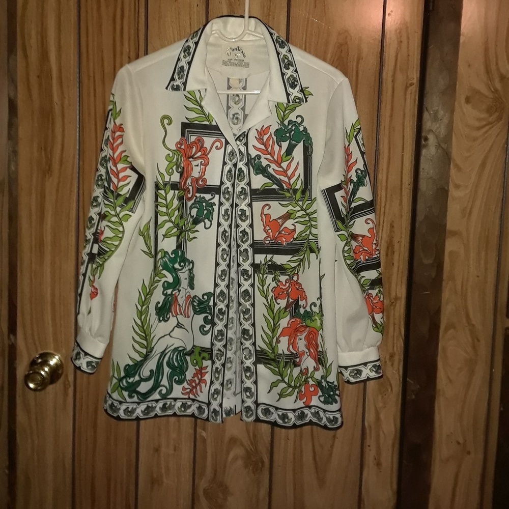 Vintage Woman's Long Sleeve Button Polyester Shirt